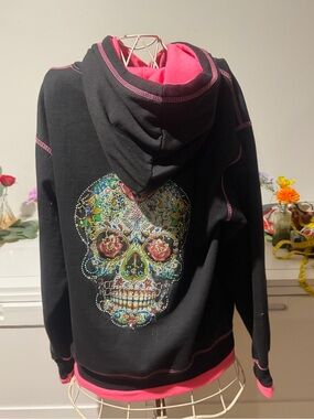 Black & Pink Hooded Sweatshirt with Embellished Sugar Skull - Women